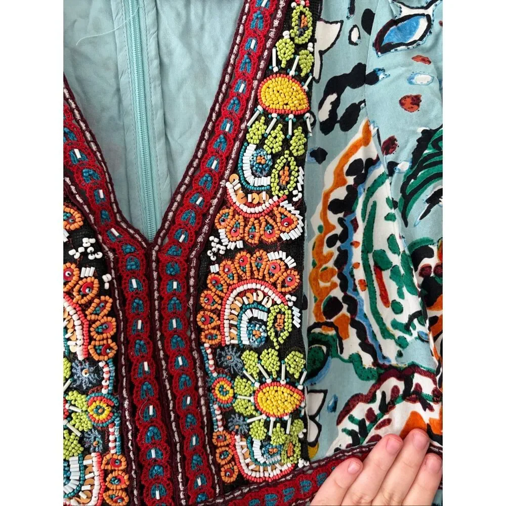 Akemi + Kin Embroidered Beaded Floral Midi Dress Boho Anthropologie Style Small - Picture 4 of 12